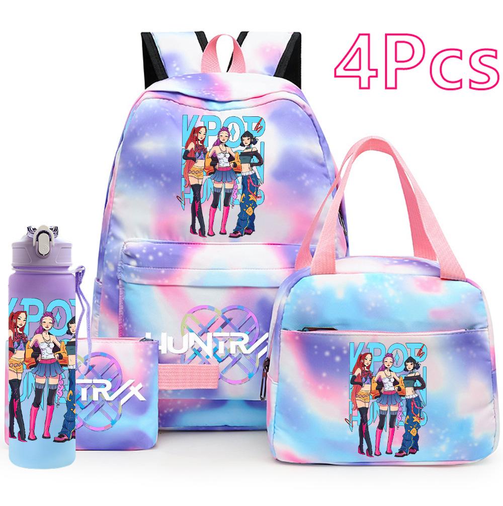 4Pcs/set Anime K-Pop Printed Backpack Handbag Pencil Case with 750Ml Water Bottler for Teenager Boy Girl Schoolbag Large Capacity Bookbag Mochila