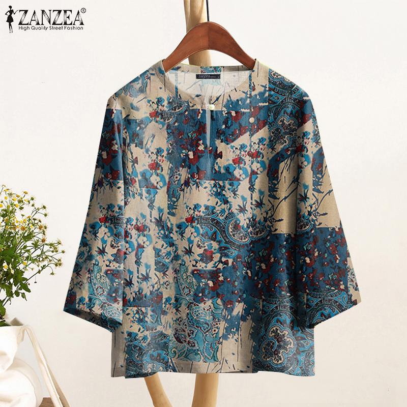 ZANZEA Blusa informal holgada con estampado étnico y mangas 3/4 para mujer