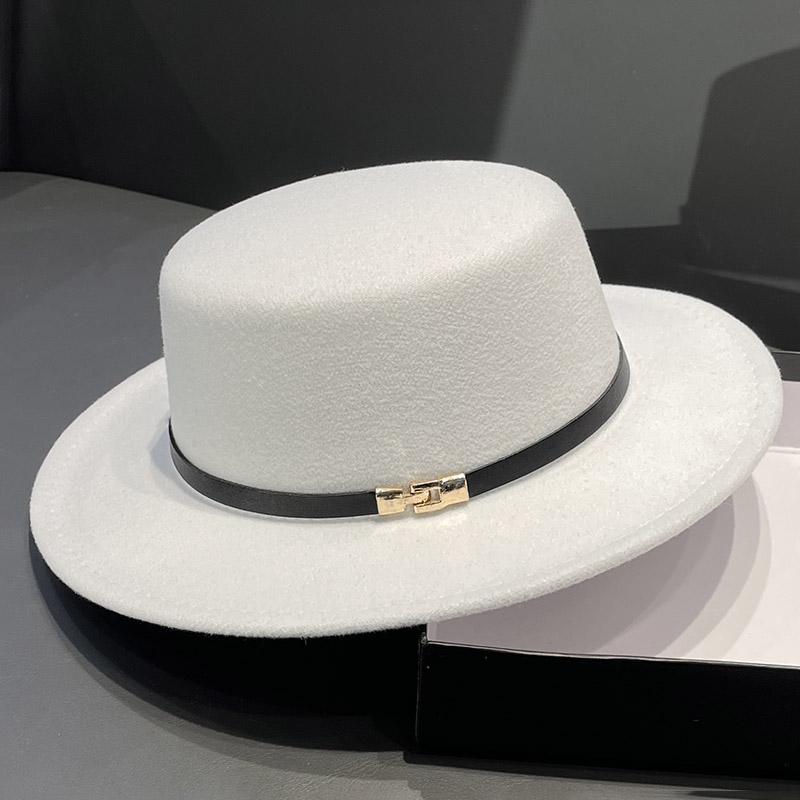 British Retro Flat-top Woolen Top Hat Women's Spring and Autumn Elegant Wide-brimmed White Jazz Hat Versatile Flat-brimmed Hat Men