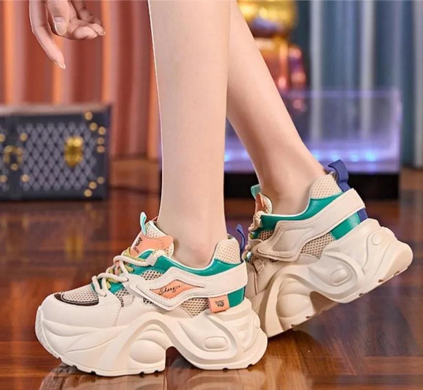 Fashion 7cm Air Mesh Synthetic Genuine Leather Chunky Sneaker Sandals Women Ladies Comfy Spring Autumn Boots Mixed Color Vulcanize Shoes