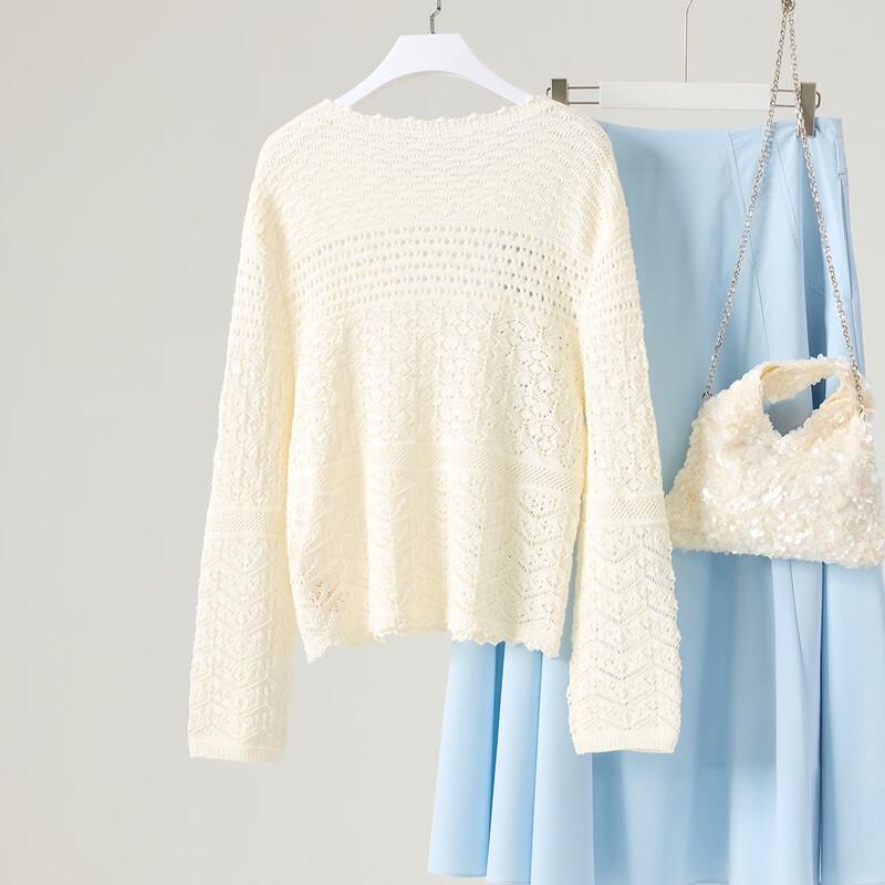 Beifanglu Women s Cotton Blend French Style Hollow Knit Pullover L