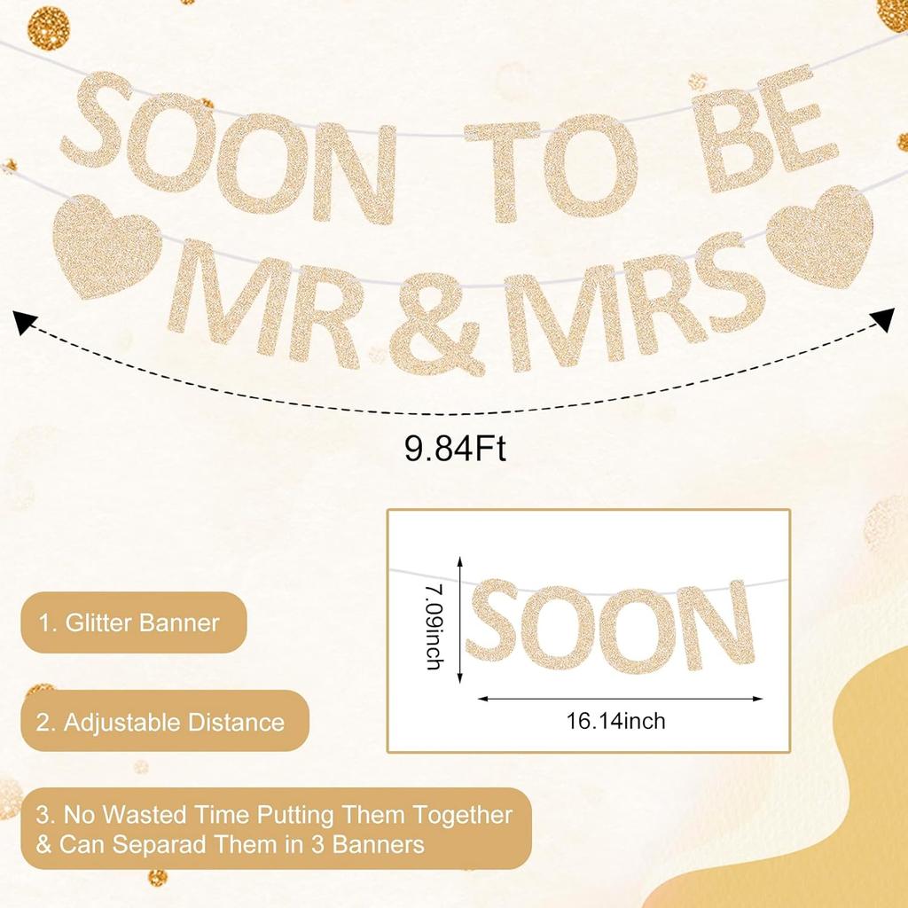 Mr & Mrs Banner Pre-strung Soon To Be Mr and Mrs Sign Glitter Engagement Banner for Bridal Shower Wedding Engagement Bachelorette Party Decorations