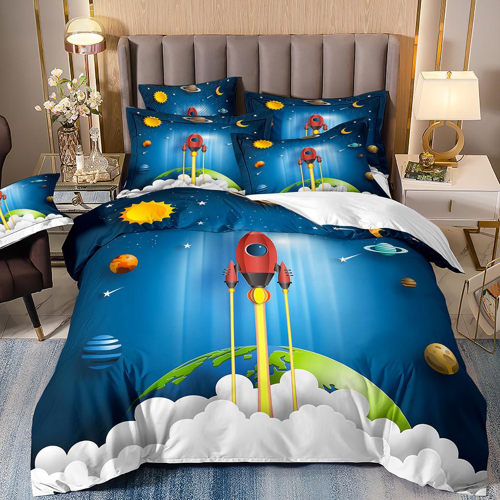 Universe Starry Sky Rocket Space Print Cartoon Duvet Cover Bedding Set Bedclothes Twin Single King For Kids Adult Bedrooms Decor