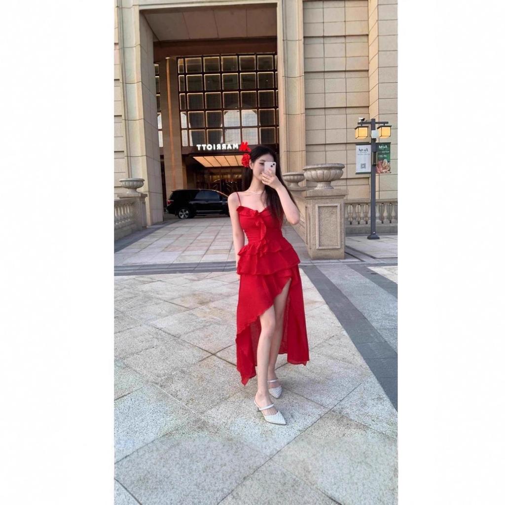 French romantic atmosphere Spice girl slim red suspender dress women's summer pure desire irregular waist dress