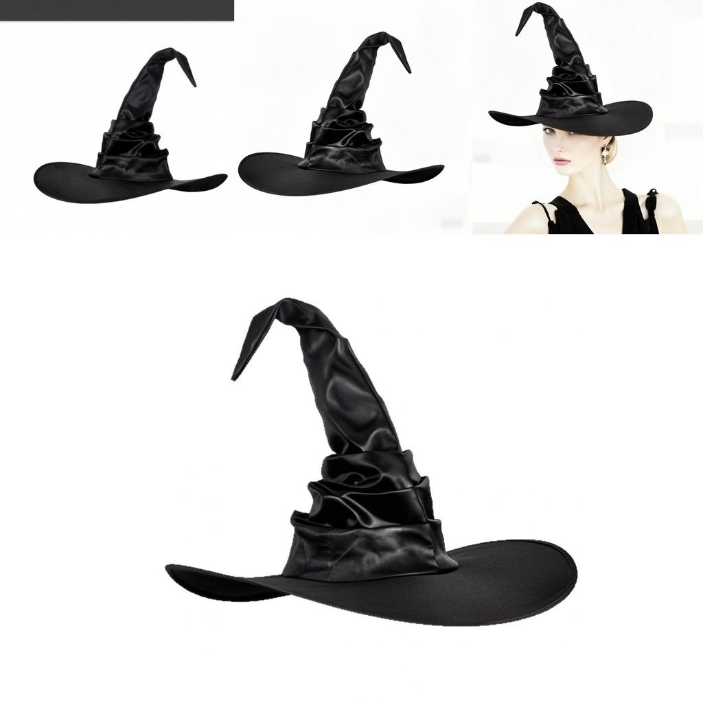 Curled Brim Witch Hat With Fabric Craftwork For Halloween Dress Up Accessories