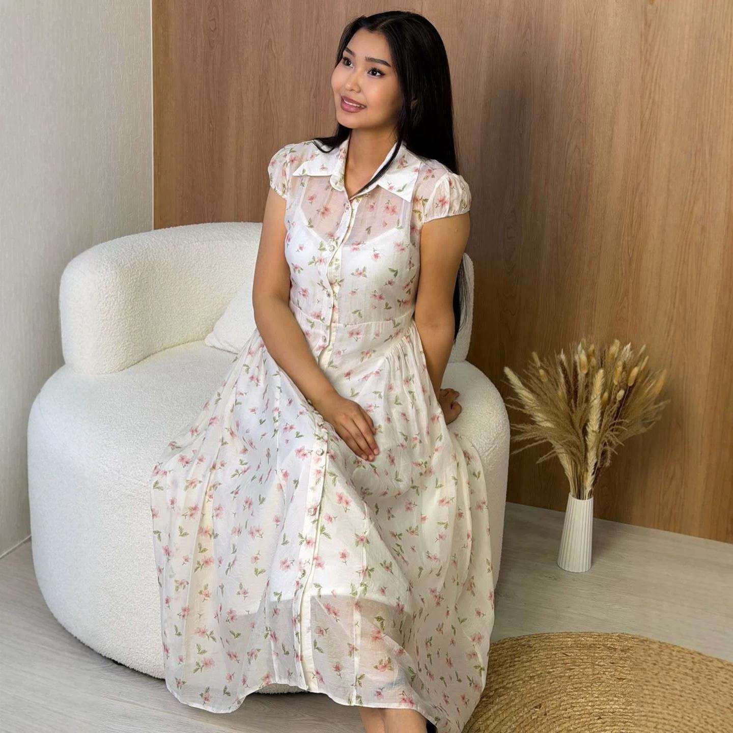 2026 spring new American Amazon, women s lapel waist long dress temperament cardigan floral dress XS
