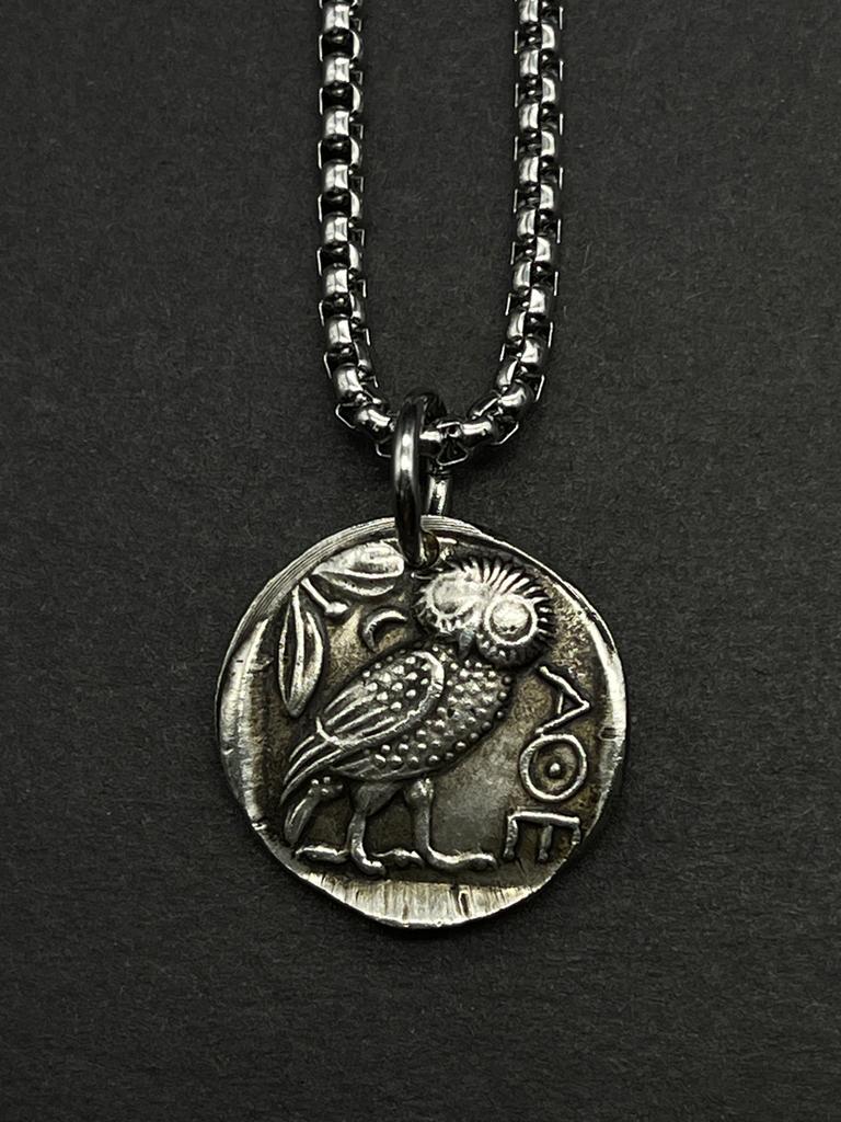 Recarved Greek Silver Plated Coin The Goddess Of Wisdom Athena Necklace Owl Ancient Athens Silver Coin Pendant Aquarius Patron