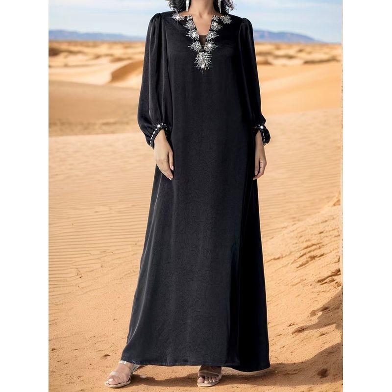 

Ближний Восток Дубай Халат Свободный V-образный вырез Ручная работа Шов Дрель Платье V-образный вырез Платье с бриллиантовыми заклепками Black XL