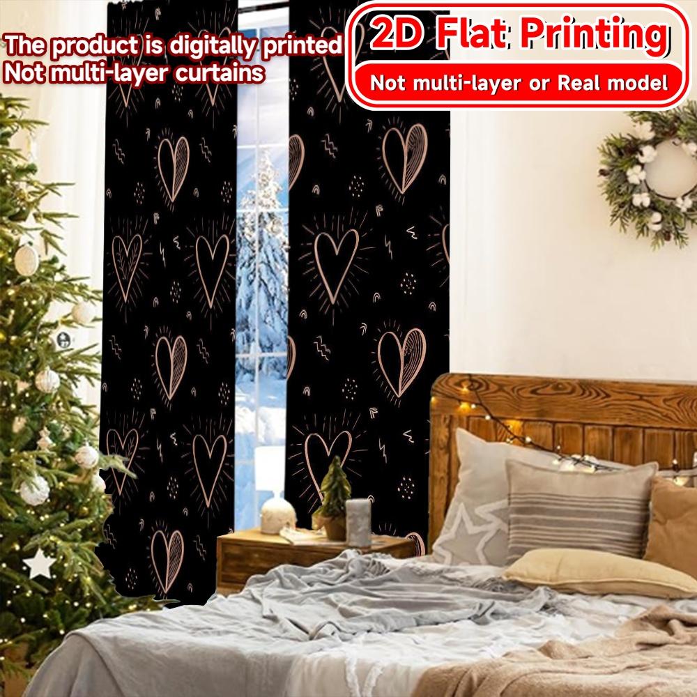 Set Of 2 Flat Printing Curtains Without Rod Heart Pattern Popular Drapes Festival Versatile Durable Polyester Curtain
