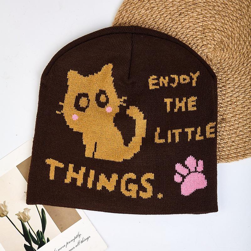 European & American Trend Jacquard Knit Hat - Cute Cat Cartoon Wool Beanie, Simple & Versatile Design