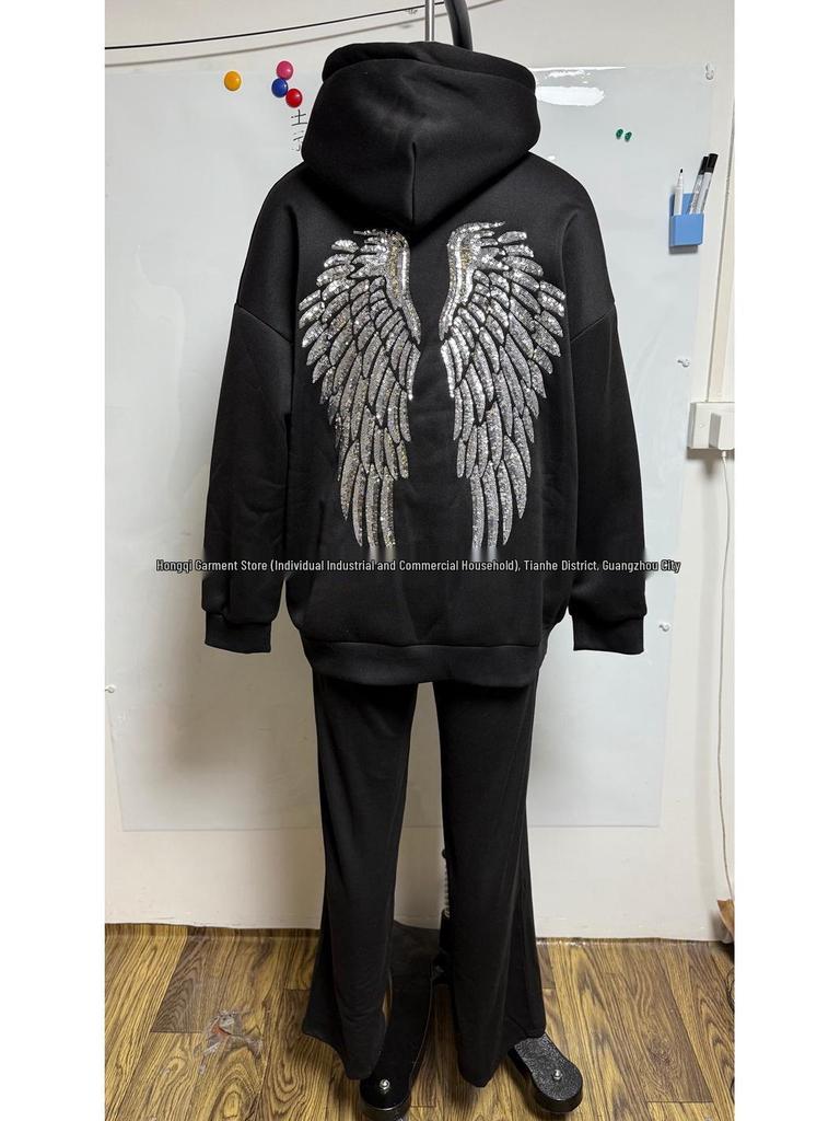 2026 Casual Women's Fashion Solid Color Sequin Wings Loose Set