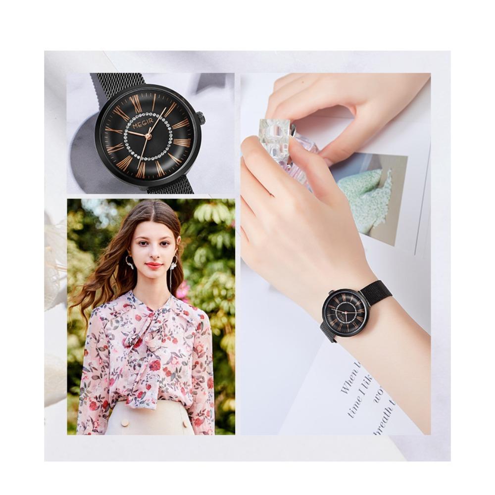 Classic Business Women Quartz Watch Round Roman Dial Rhinestone Ring Decor Mesh Strap Daily Waterproof Wrist Watch