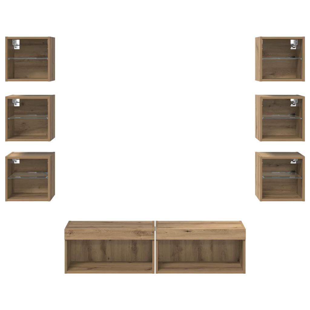 TV Cabinet with LED Light Strips 8 pcs Artisan Oak Finish with Glass