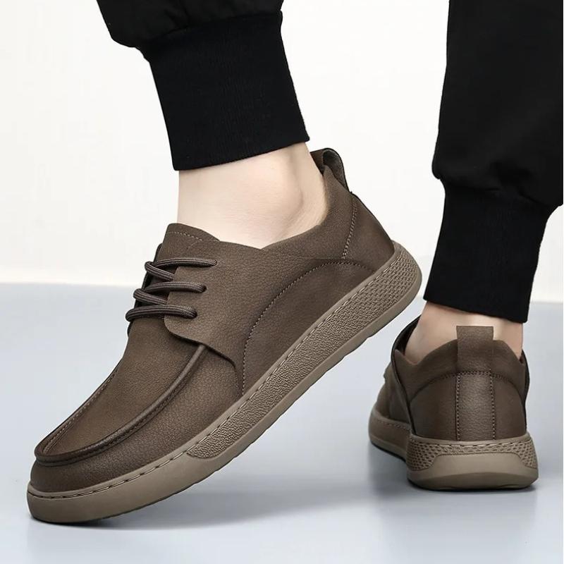 Vintage Men's Brown Split Leather Casual Shoes, Lace-up Driving Loafers, Breathable Comfortable Walking Shoes for Men