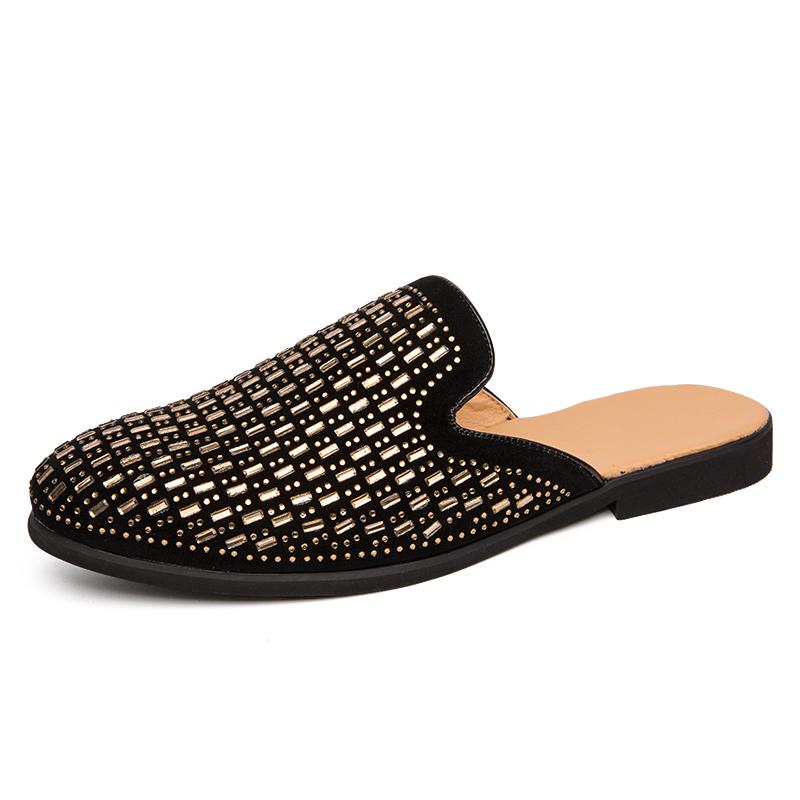 New Men's Charm Rhinestone Half Slippers Black Gold Shoes Male Casual Mules Moccasins Breathable Loafers Zapatos Hombre