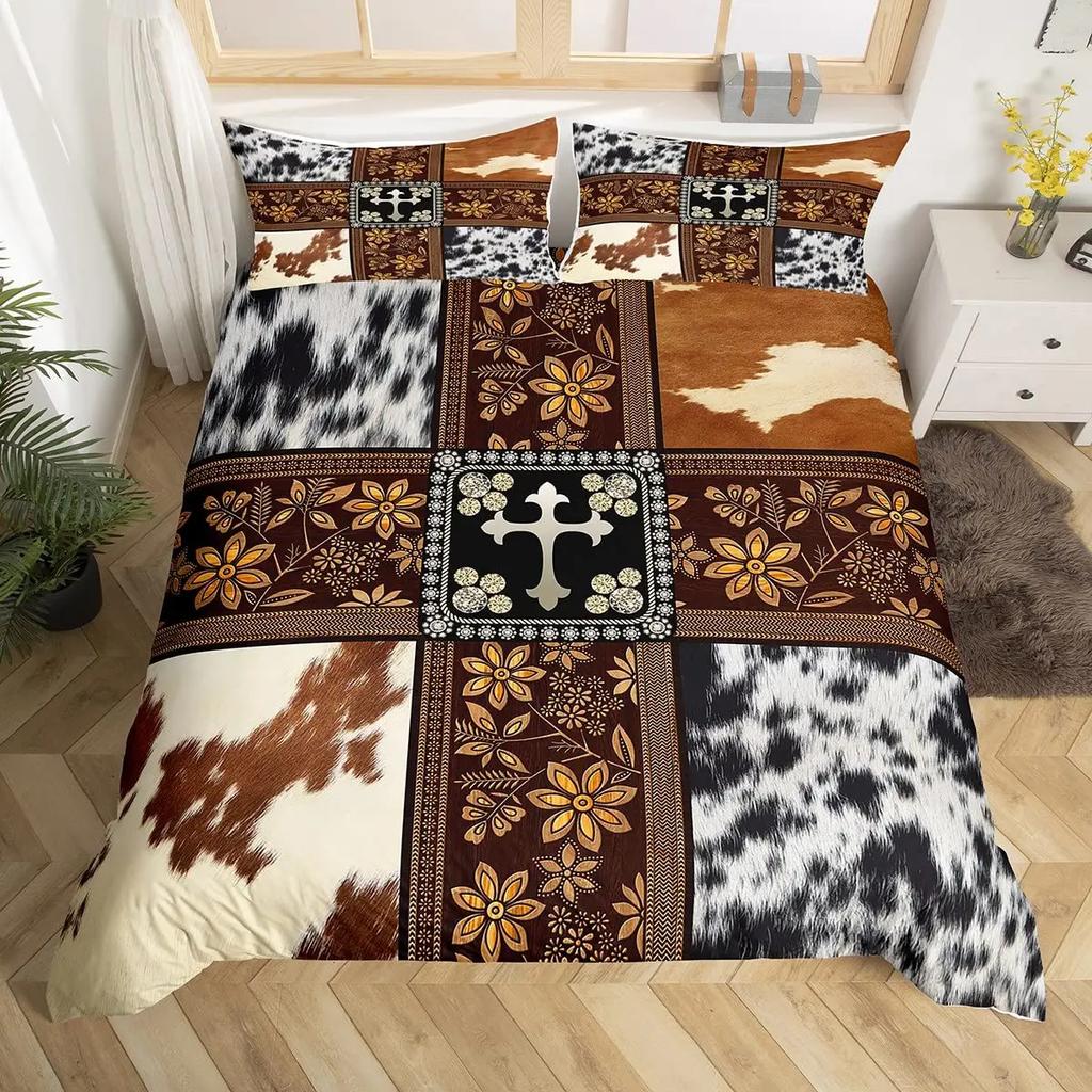 Cow Print Duvet Cover Queen Vintage Floral Bedding Set For Girls Boys Men Western Farmhouse Animal Bull Cattle Skin Quilt Cover