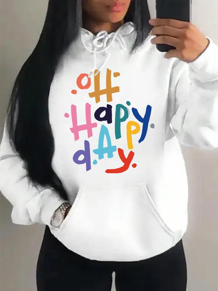 Glücklicher Tag Bunter Kunstdruck Buchstaben Damen Top Hip Hop Mehrfarbig Kostengünstig Herbst Winter Pullover Tasche Damen Trend Hoodie
