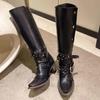 Fashion Women Boots High Quality Pointed Leather Boots Fashion Knee High Boot Metal Belt Buckle Motorcycle Boots for Women Botas