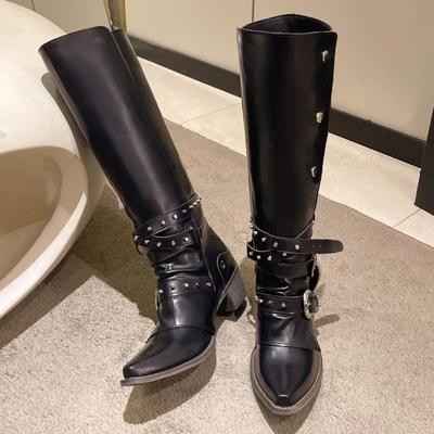 Mode Damenstiefel Hochwertige Spitzlederstiefel Mode Kniehohe Stiefel Metallgürtelschnalle Motorradstiefel für Damen Botas
