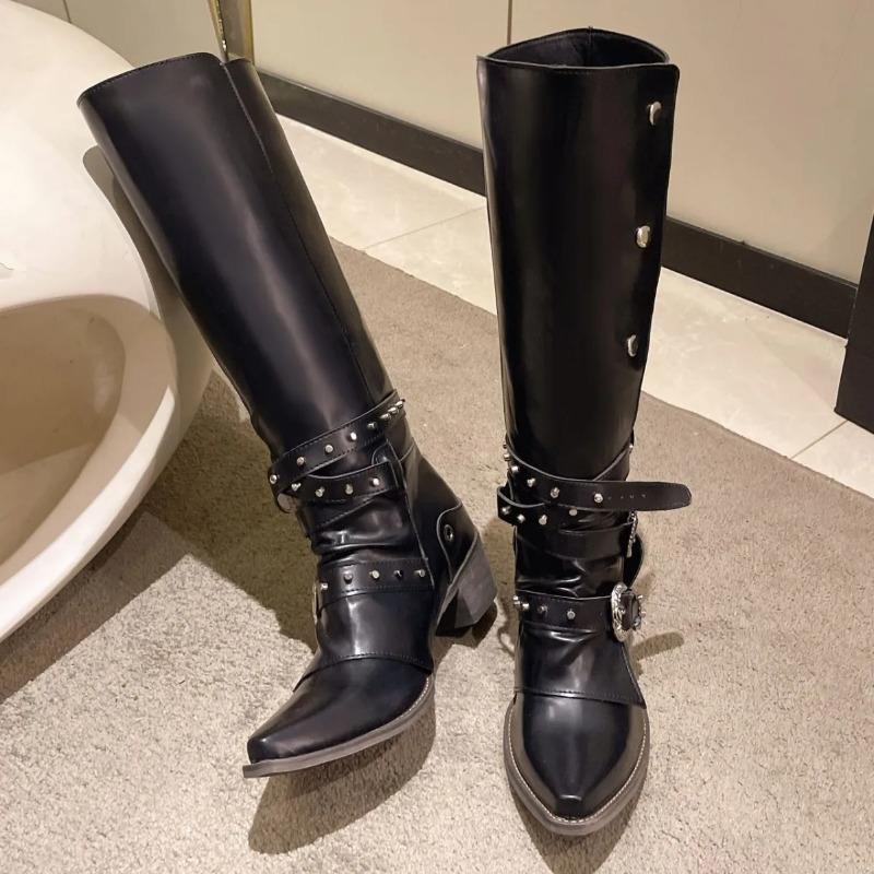 Fashion Women Boots High Quality Pointed Leather Boots Fashion Knee High Boot Metal Belt Buckle Motorcycle Boots for Women Botas