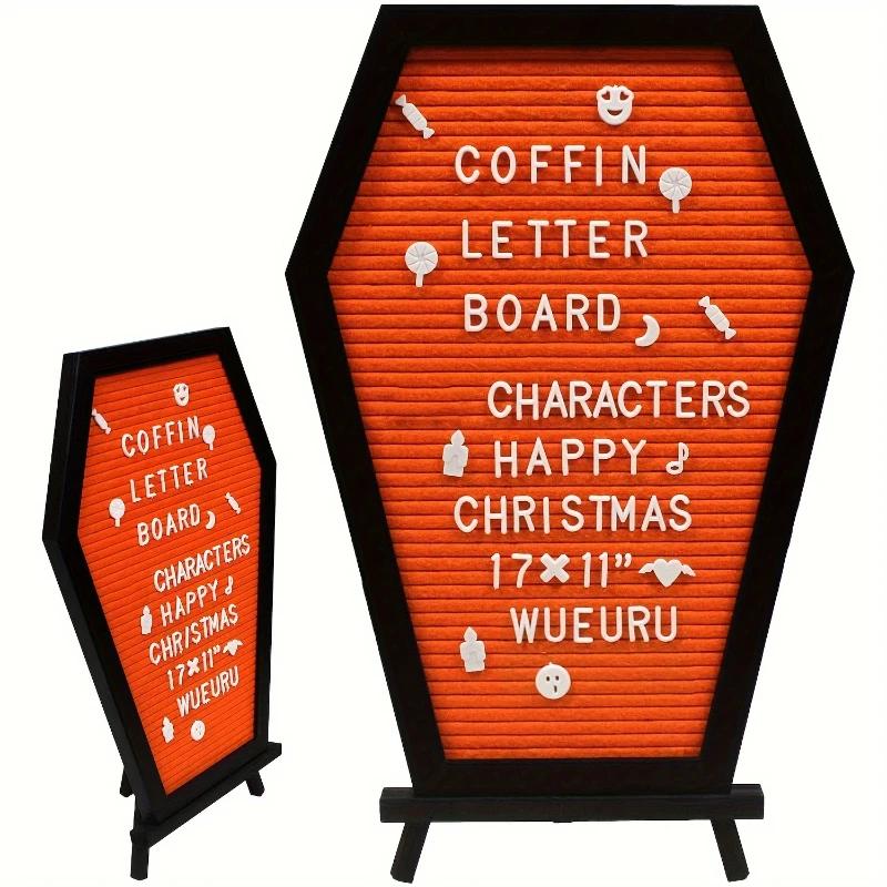 Ein hochwertiges Gothic Halloween Dekorations-Set - Schwarzes Sarg-Buchstabenbrett mit gruseligem Design und Holzständer für gruselige Geschenke