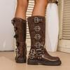 Women's Fashion Boots Round Toe Platform Sole Square Heel Buckle Strap Long Boots Retro National Style Autumn Knee-length Boots