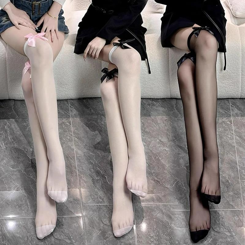 Kawaii Bow Long Stocking Jk Lolita Bowknot Fishnet Stockings For Women Spicy Girls Black White Sexy Ins Trendy Lace Tights