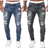Móda Street Style Roztrhané Skinny Džíny Muži Vintage Wash Jednobarevné Džínové Kalhoty Pánské Ležérní Slim Fit Tužkové Džínové Kalhoty