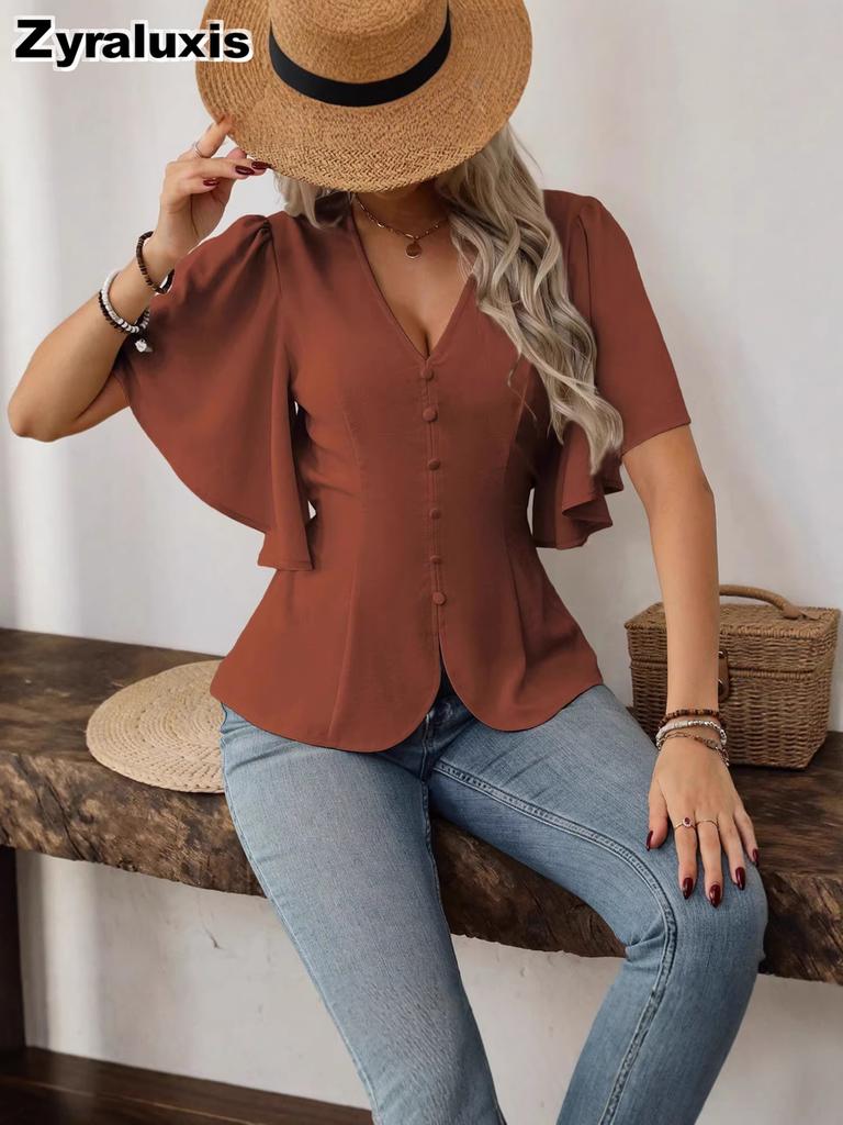 Deep V-Neck Ruched Waist Short Sleeve Top New Spring Fashion for Women