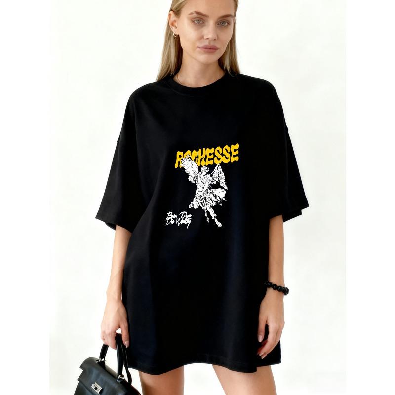 

Oversized T Shirt Black Rochesse Angel Graphic And Text Print Casual Streetwear For Women XXXXL