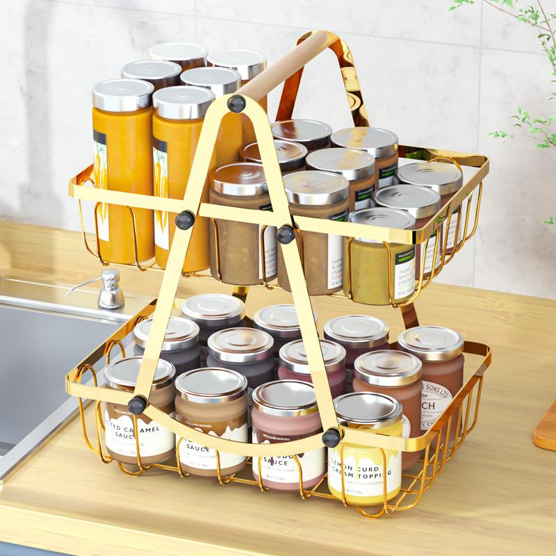 Removable Double Layer Fruit Basket With Wooden Handle Stylish Iron Storage Basket For Kitchen And Living Room Organization