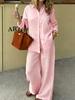 2026 Fall Winter Minimalist 2 Piece Set Lapel Long Sleeve Shirt Wide Leg Pants Casual Urban Commuter Outfit