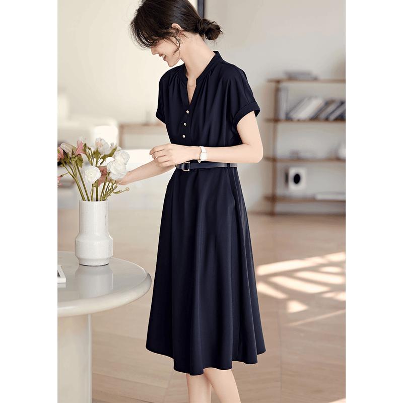 La Chapelle Elegant Slimming V-Neck A-Line Dress M темно-синий