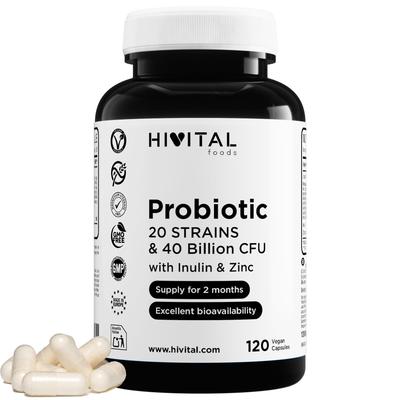Probiotique 20 souches 40 milliards d'UFC avec Inuline et Zinc | 120 gélules vegan gastro-résistantes pour 2 mois de cure