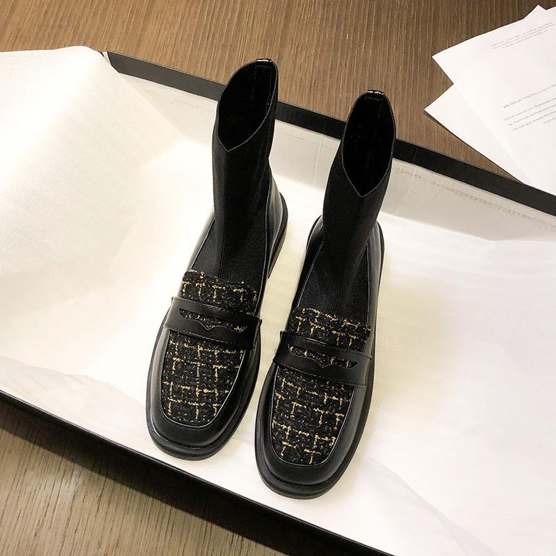 

winter sock boots women plaid sequins cloth ankle short ankle botas mujer knitted thick heel cozy fur inside ankle booties femme 35