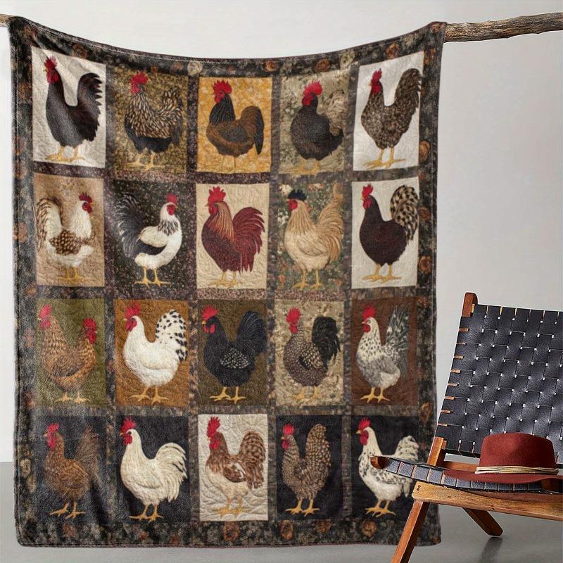 1pc Cozy Vintage Rooster Hen Print Flannel Throw Blanket Soft Warm Sofa Bed Camping Office Travel Cozy Home Throw Blankets Bed