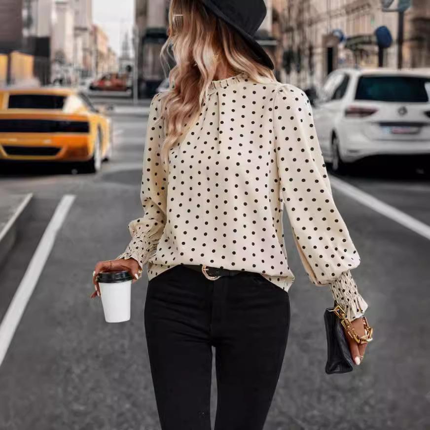 Women Fashion Long Sleeve Ruffles Dots Printed Pullover Shirt Blouse Top