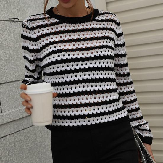 Cheap Long Sleeve O Neck Hollow Out Sweater Top Multi Striped Print