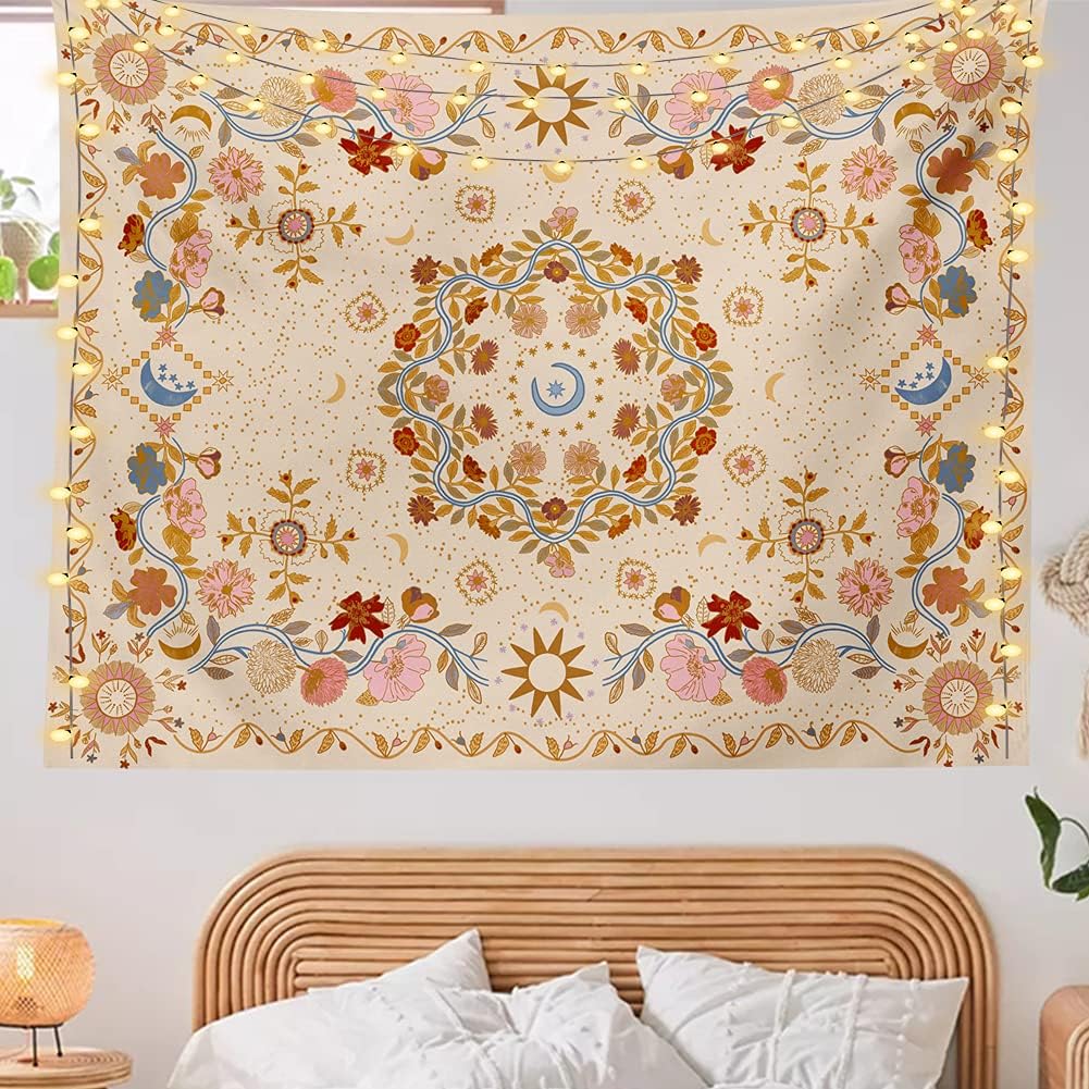 Wandkleed - Boheems Bloemenranken Wanddecoratie Hemelse Zon Maan en Sterren Wandkleed voor Hippie Woondecoratie - Slaapkamer Esthetiek