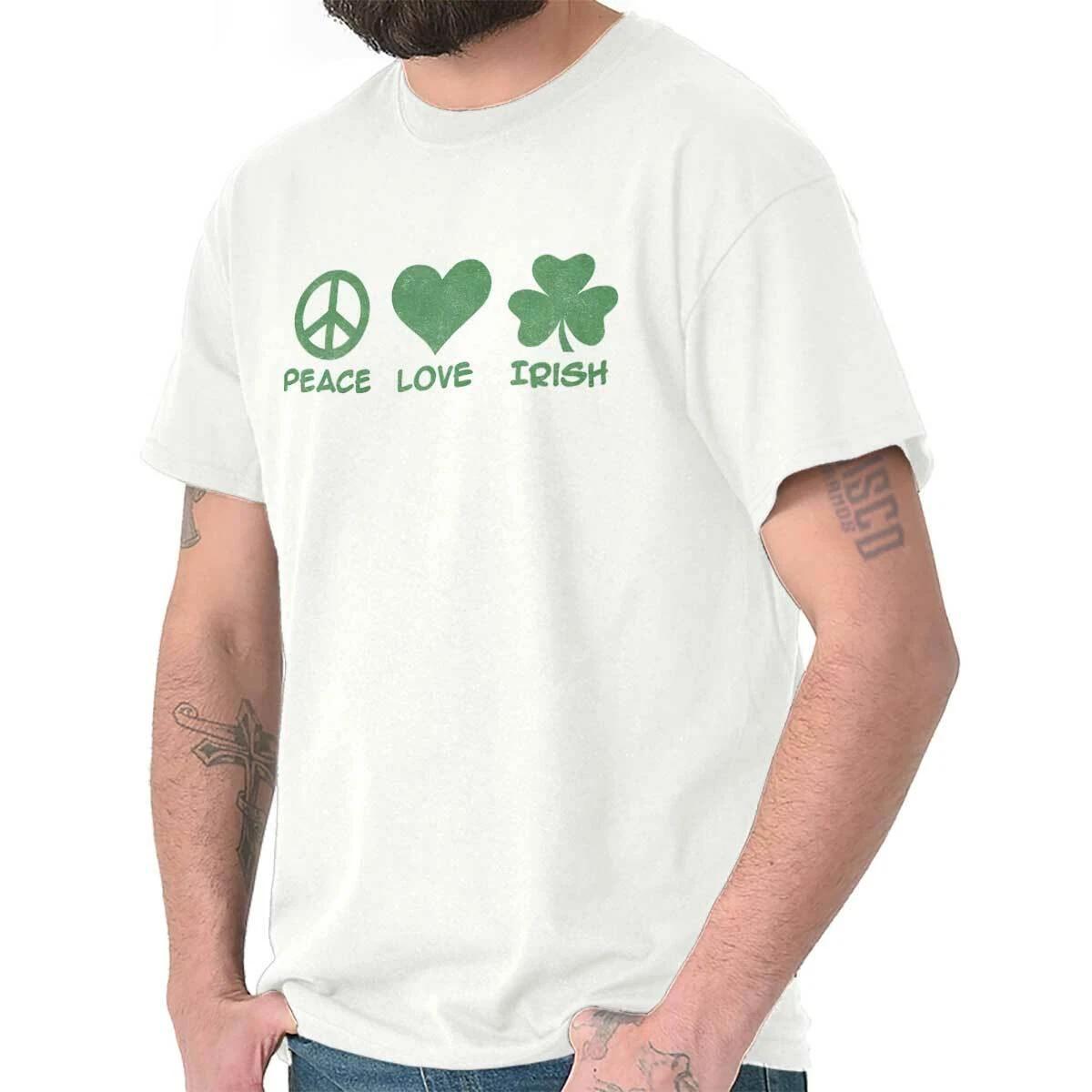 Peace Love Irish St Patricks Day Slainte Womens Graphic Crewneck T Shirt Tee M