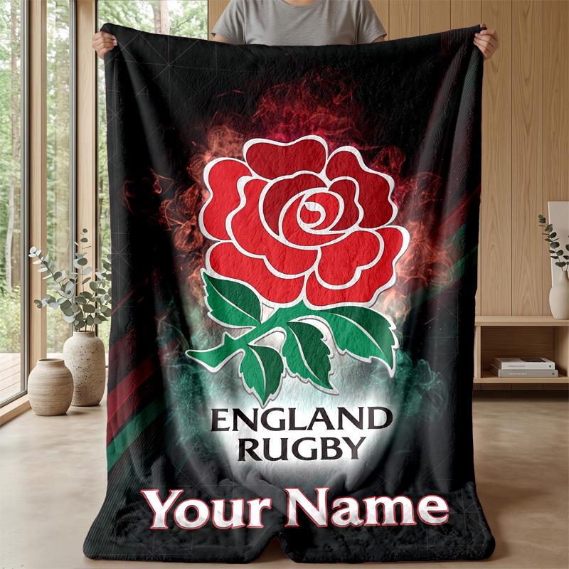 England Rugby Custom Flannel Throw Blanket Print Your Name Text Soft Warm Blanket Holiday Present