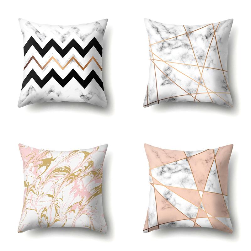 Polyester Pillow Case Nordic Ins Style Marble Geometric Printed Peach Leather Velvet Living Room Sofa Pillow Case