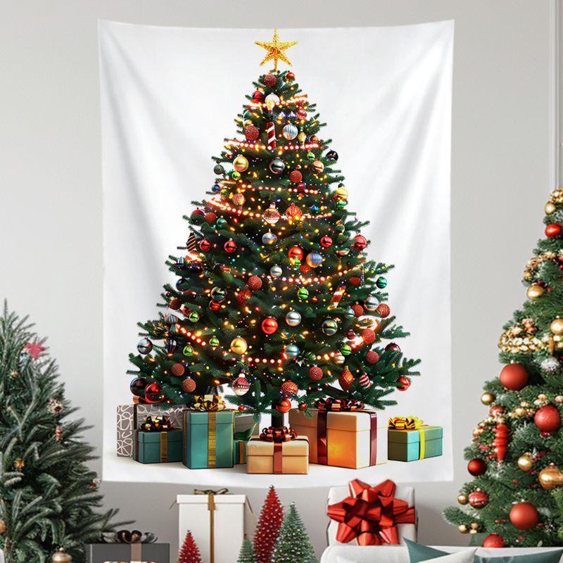 Weißer handgezeichneter Weihnachtsbaum Wandteppich Zuckerstange Rote Kugel Verzierungen Goldener Stern Feiertagstext Ästhetische Heimdekoration