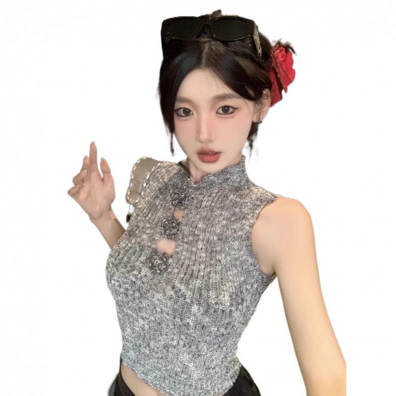 2025 Spring/Summer Hong Kong Style Spicy Girl 3D Flower Hollow Knit Cropped Tank Top