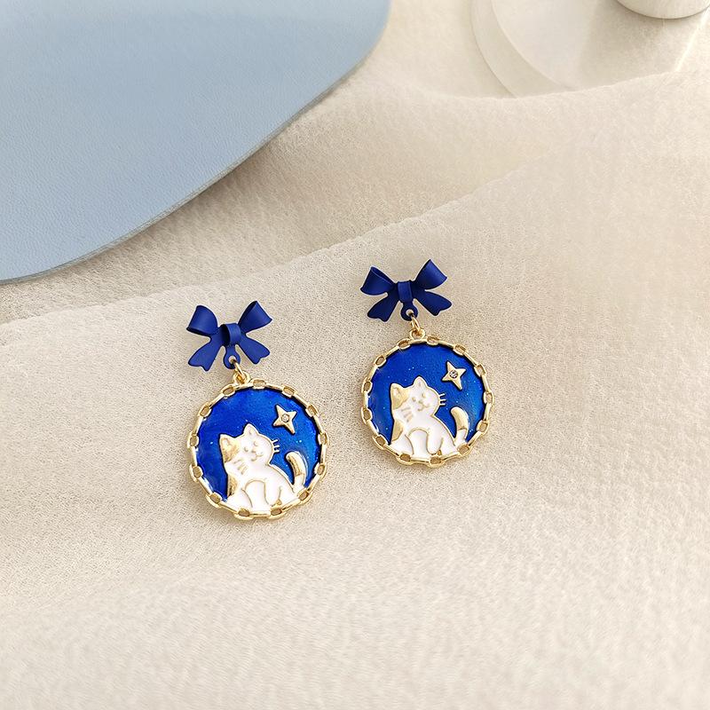 S925 Sterling Silver Blue Bow Cat Earrings - Cute & Fun Design for Women