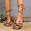 2025 Summer Women's Sandals Elegant Office Leopard Print Square Heel Sandals Hot Sale Butterfly-knot Flat with Shoes for Women
