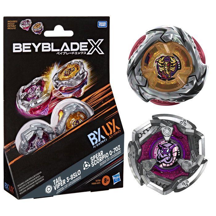 BeyBlade X Dual Pack Spear Scorpio 0-70Z UX and Tail Viper 3-85LO BX, 2 Takara Tomy Right-spin Battle Tops, from 8 Years Old