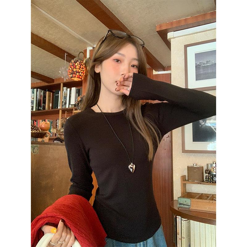 

Красивая белая рубашка с круглым вырезом и длинными рукавами для женщин на осень и зиму, многослойный эластичный облегающий повседневный универсальный топ XL