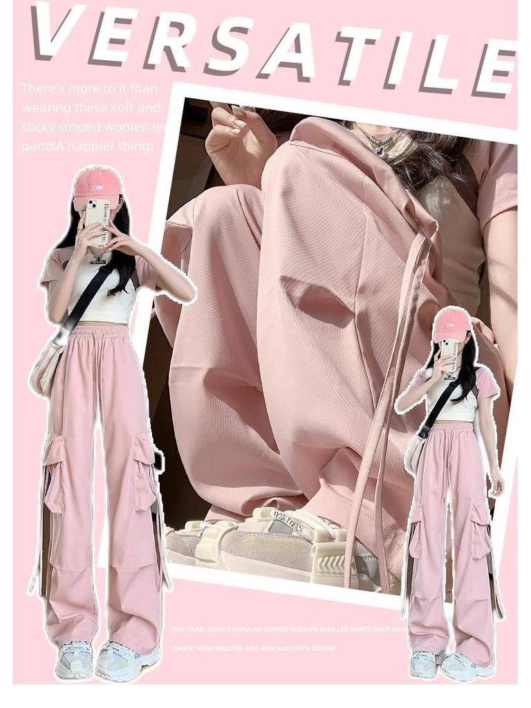 Petite High Waist Pink Parachute Cargo Pants for Women - Wide Leg Summer Sport Pants (145cm)