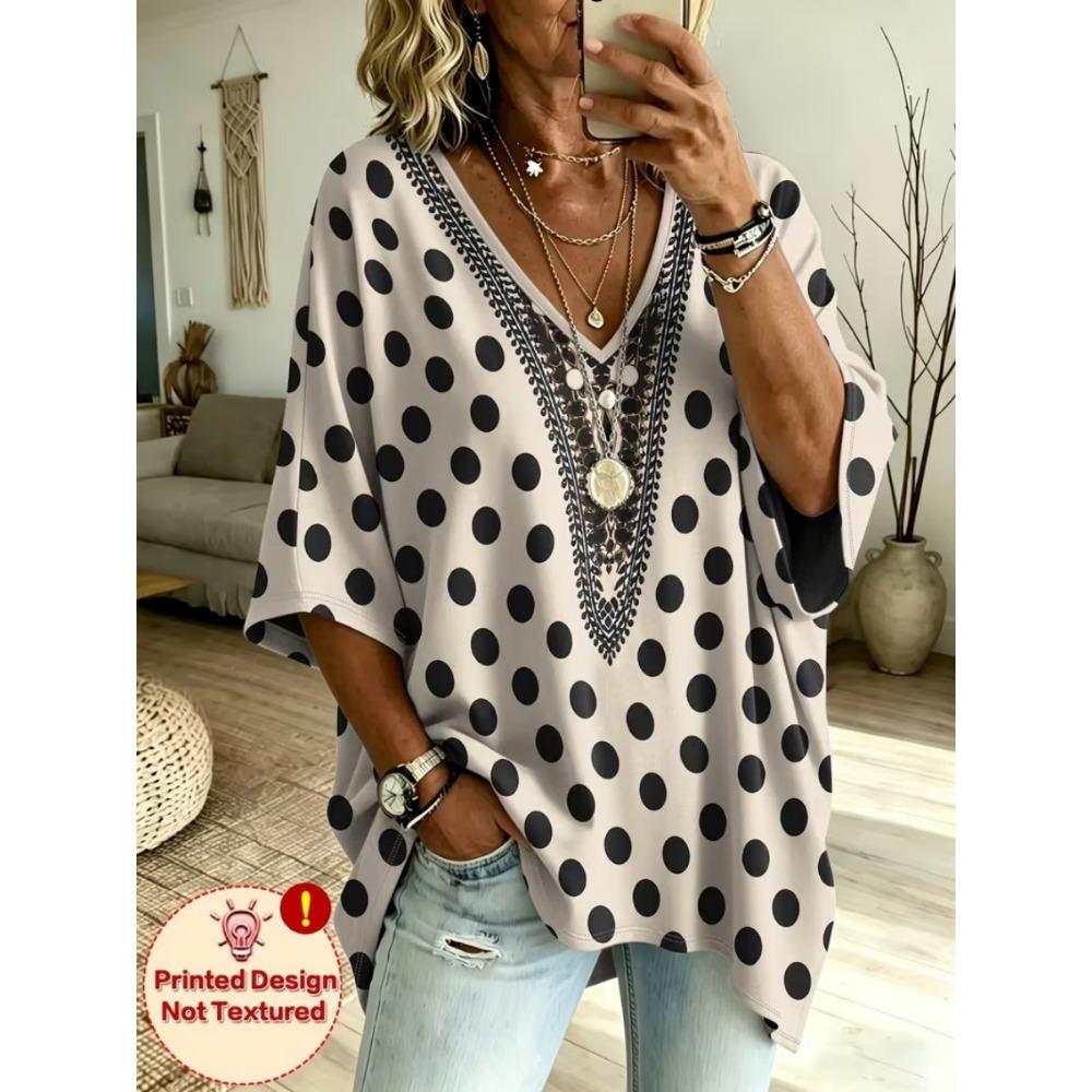 Plus Size Women's Simple Bohemian Pattern Print V-neck Top Three-quarter Sleeve Loose Casual T-shirt